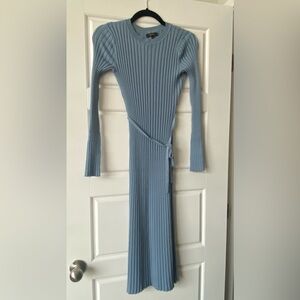 Quince Cotton Cashmere Ribbed Long Sleeve Crew Midi Dress in Mountain Blue